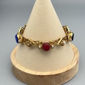 Vintage Goldette Filigree Link Bracelet Bezel Stones MCM Faux Pearls READ